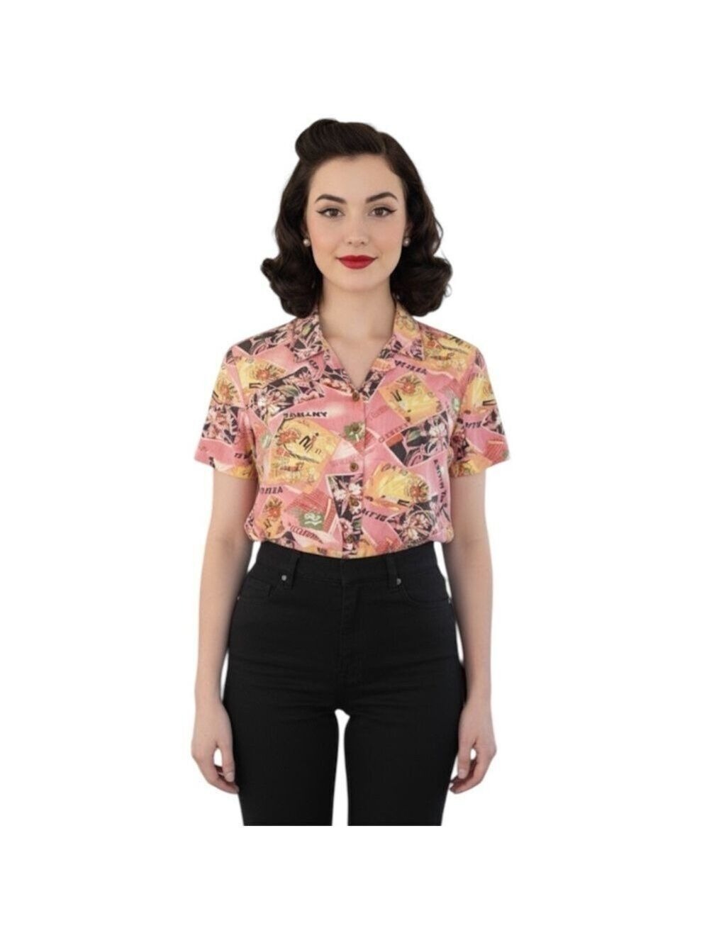 Jamaica Bay Pink Island Button Up Short Sleeve Blouse XL Rayon